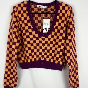Zara Purple and Mustard Checkered Button Cardigan